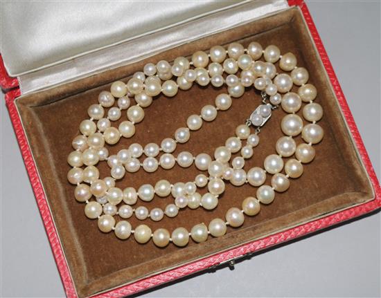 A double strand graduated cultured pearl clasp with French 18ct gold and cultured pearl set clasp, with Cartier box, 48cm.